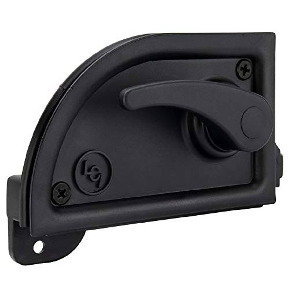Black screen latch with curved pull handle and two visible screw heads