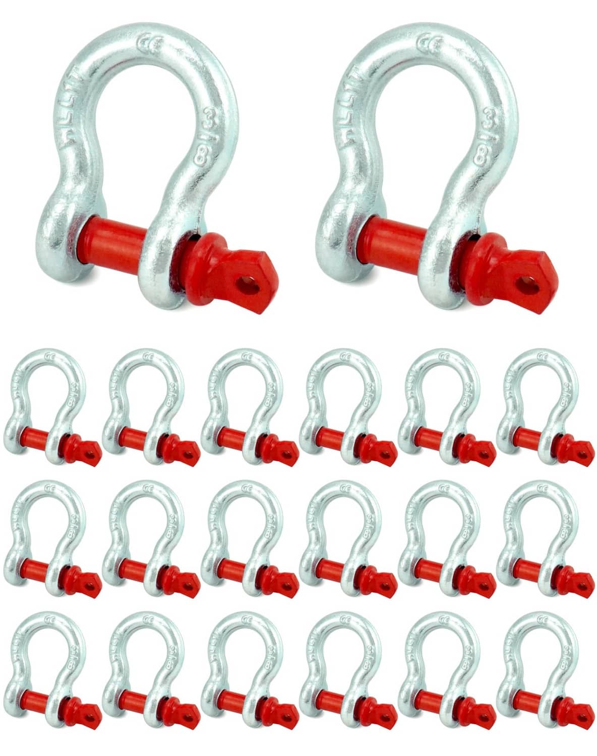 Galvanized D-ring screw pin shackles with red pins, multiple units arranged