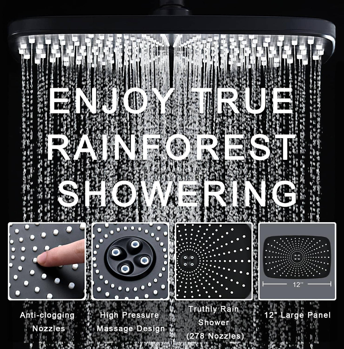 Black overhead rain shower head with many nozzles for high-pressure spray