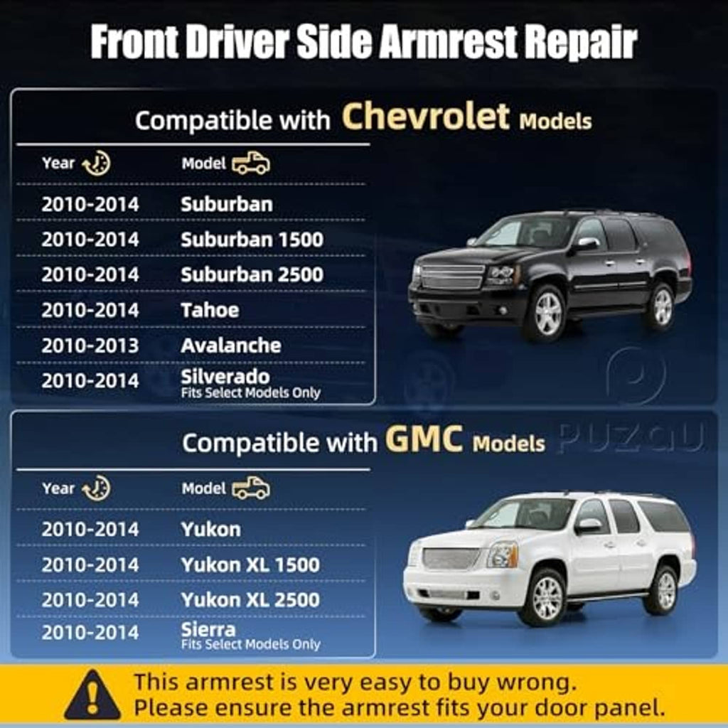 Front driver side armrest repair compatibility chart for Chevrolet and GMC models