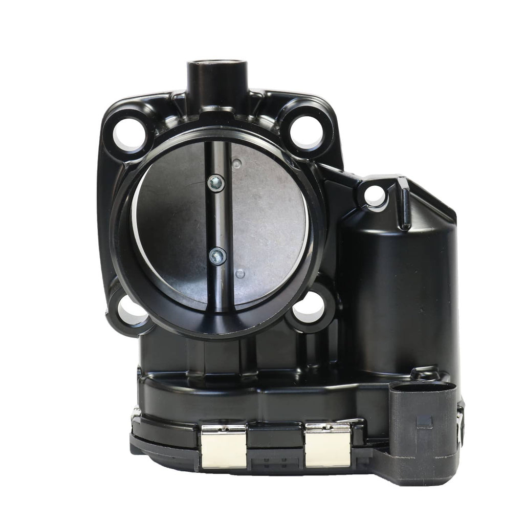 Throttle body with black housing, circular throttle bore, and electrical connector module