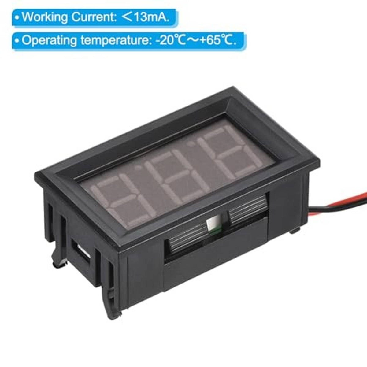 Digital voltmeter front view with blue LED readout and black body, red/black wire leads
