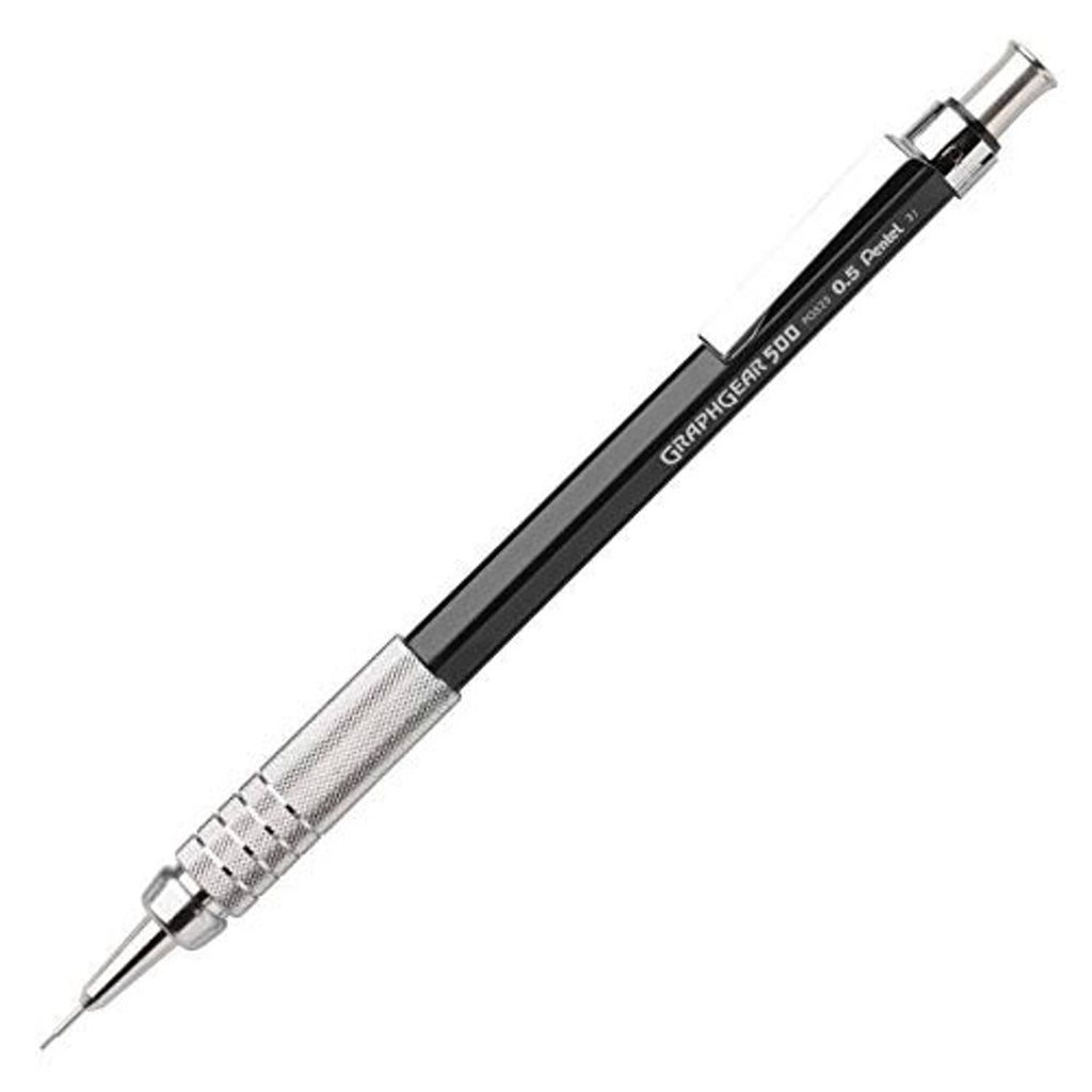 Black 0.5mm mechanical drafting pencil with retractable tip and knurled metal grip