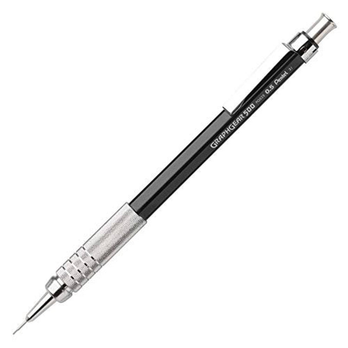 Black 0.5mm mechanical drafting pencil with retractable tip and knurled metal grip