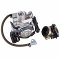 Motorcycle carburetor assembly with metal body, black hoses, and matching intake parts