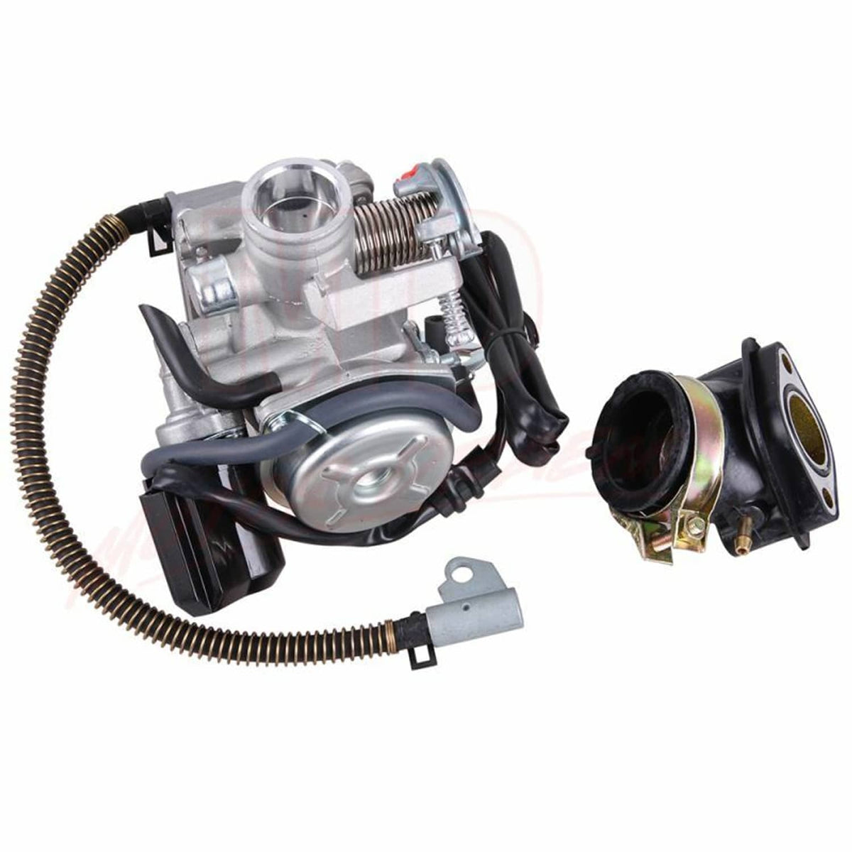 Motorcycle carburetor assembly with metal body, black hoses, and matching intake parts