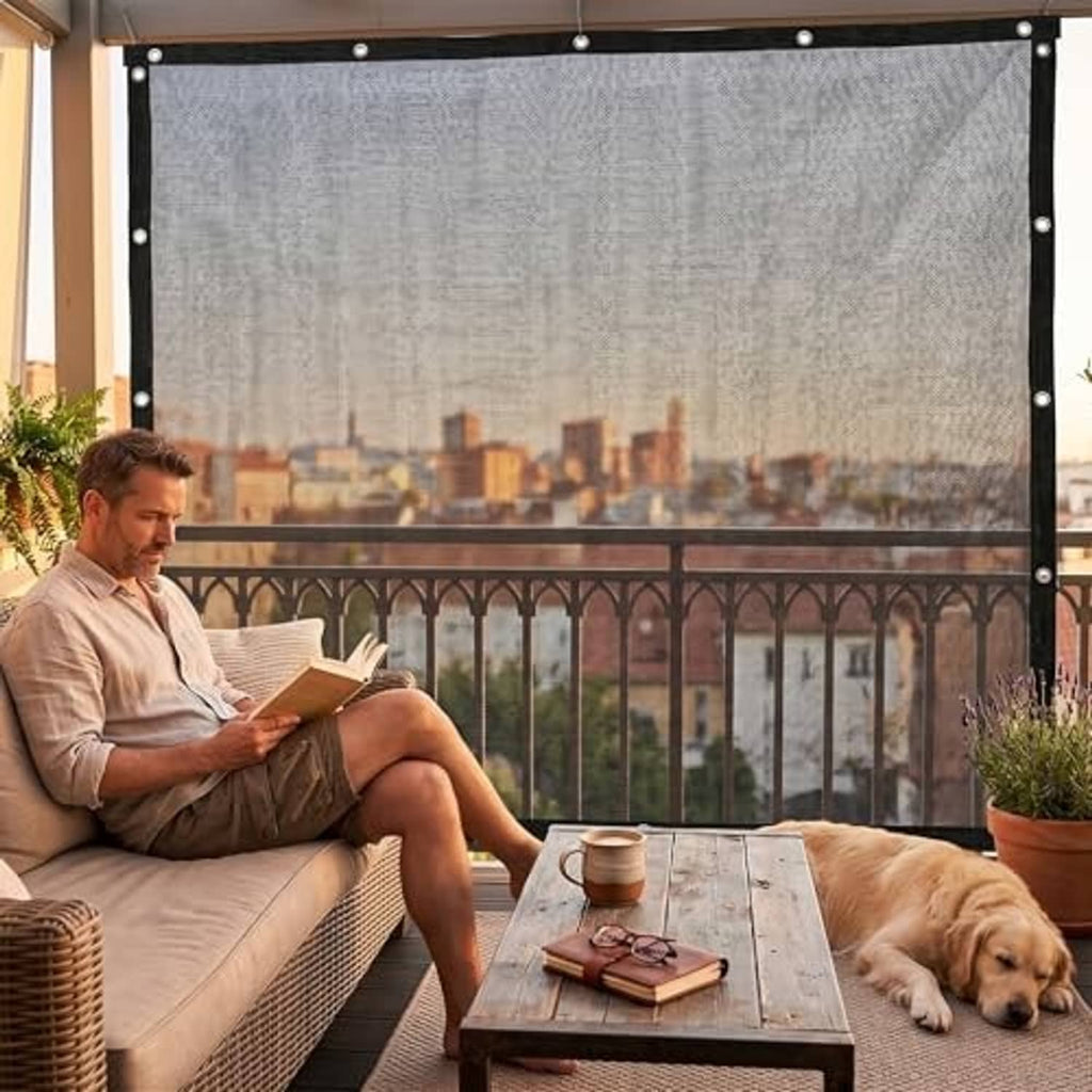 Black 50% shade cloth tarp with grommets, draped on overhead outdoor frame