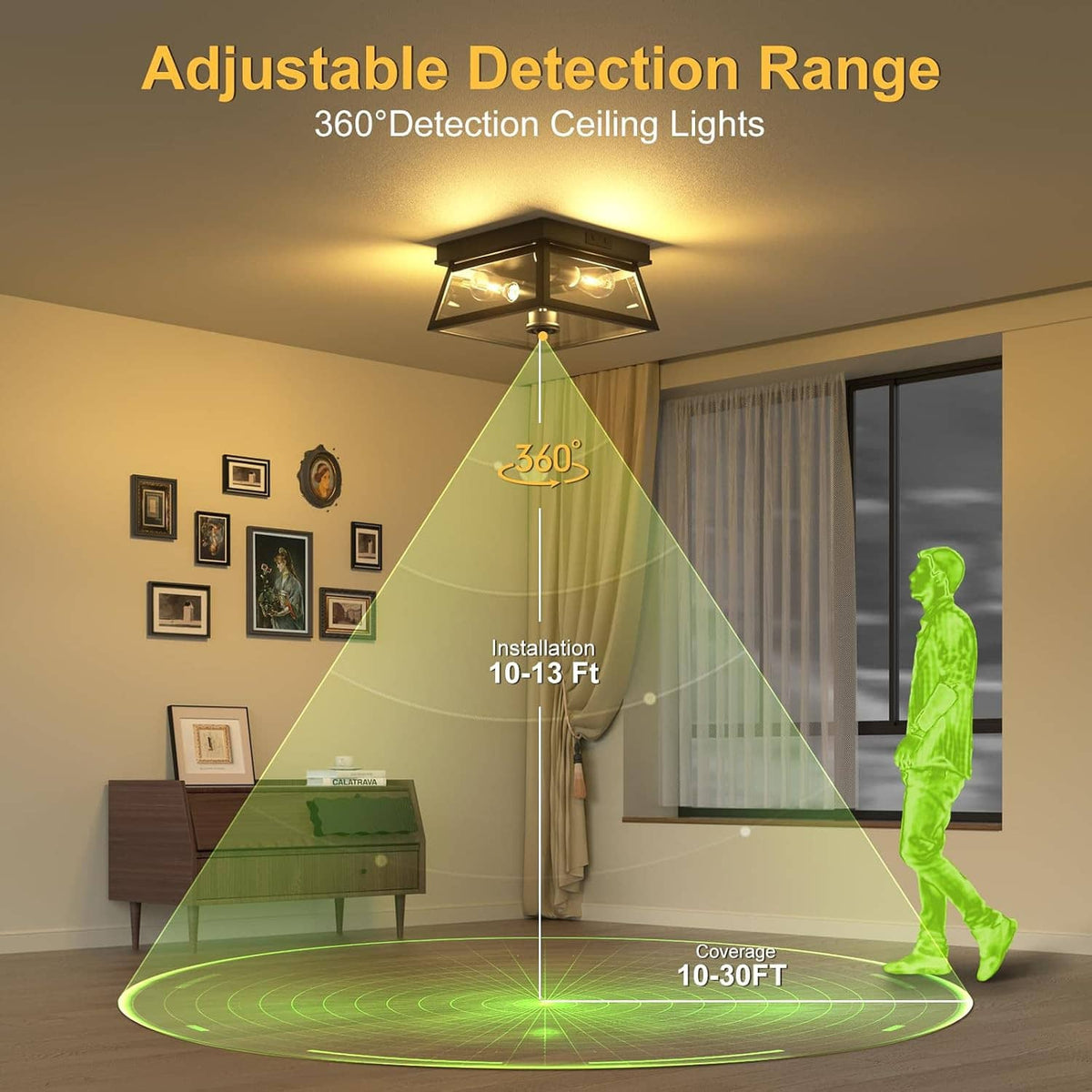 Outdoor motion sensor ceiling light with 360° detection range up to 10–13 ft