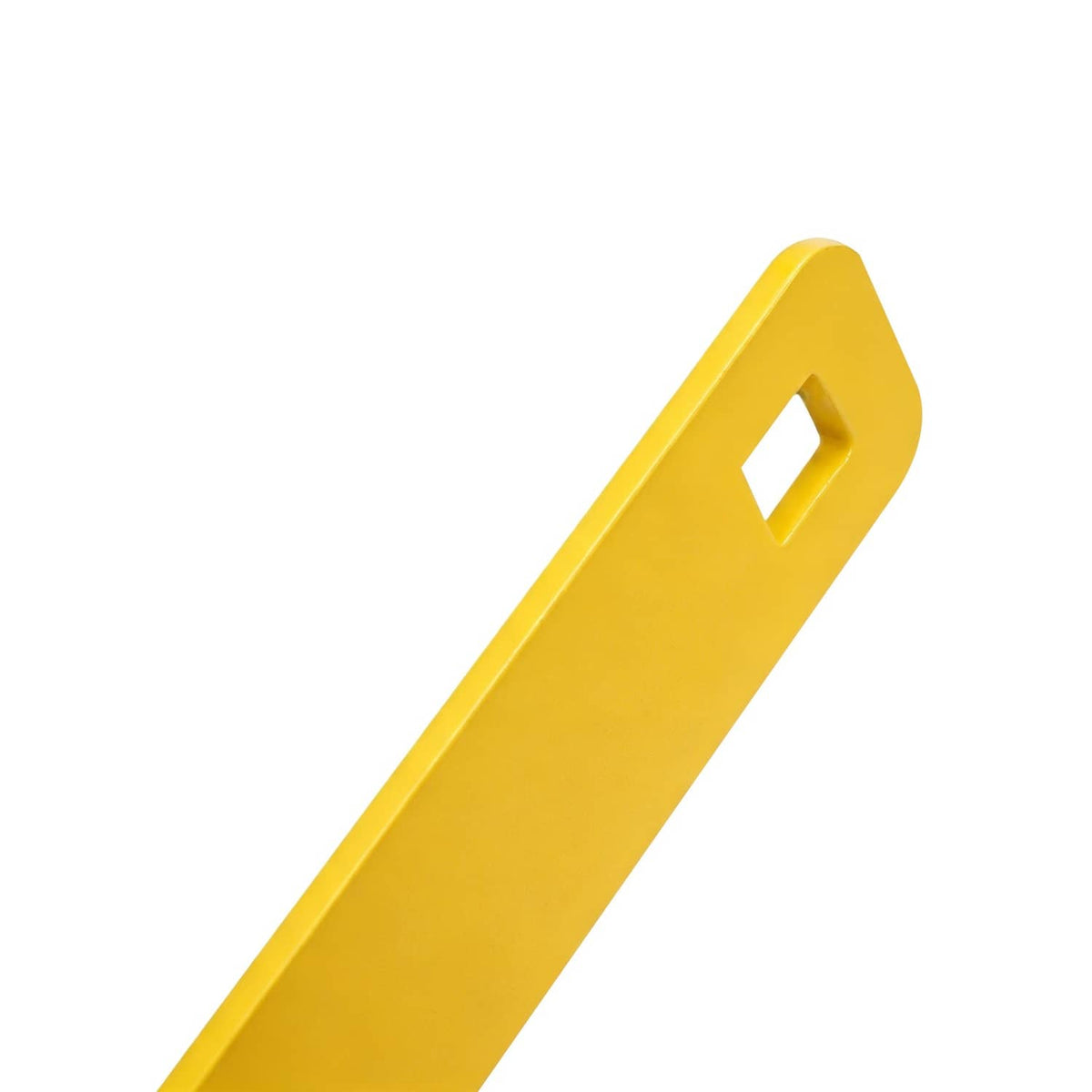 Yellow metal hitch strap with elongated body and rectangular mounting cutout.