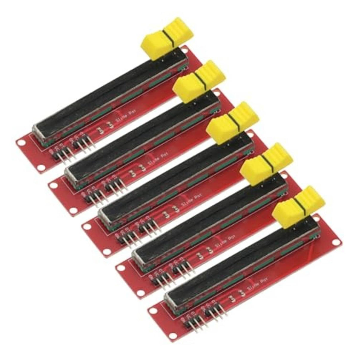 Five slide potentiometer modules close-up, red PCB boards with yellow knobs and black tracks