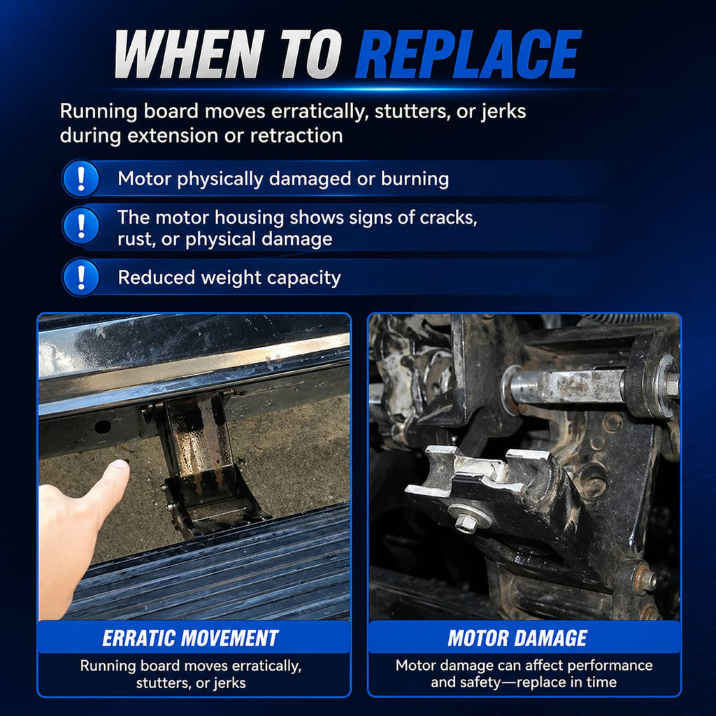 Power running board motor replacement diagram showing movement and motor damage