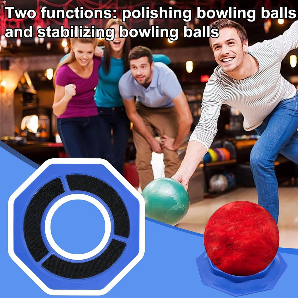Blue bowling ball sanding pad holder with black octagonal grip ring and red/blue ball inserts