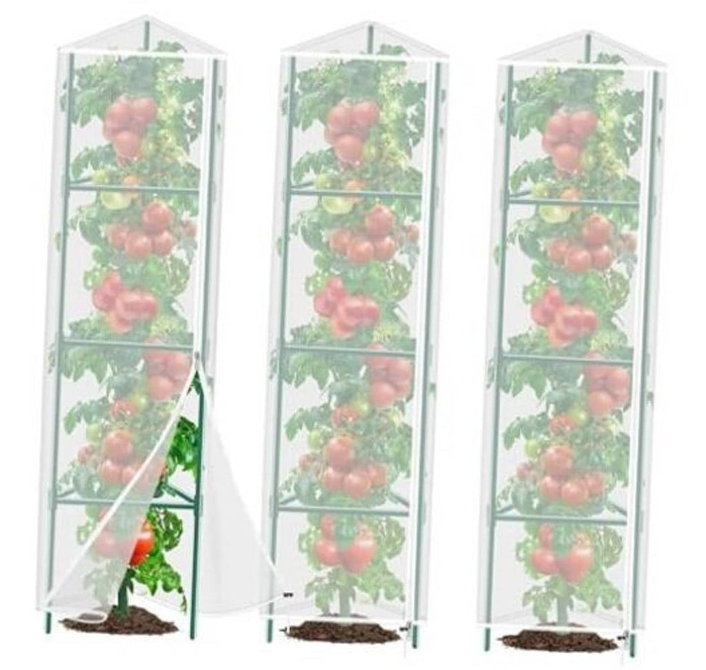 White mesh bird netting plant cover for tomato cage on metal frame.