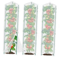 White mesh bird netting plant cover for tomato cage on metal frame.