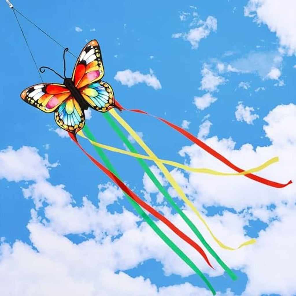 Butterfly wind sock with red, green, yellow, and blue ribbon streamers