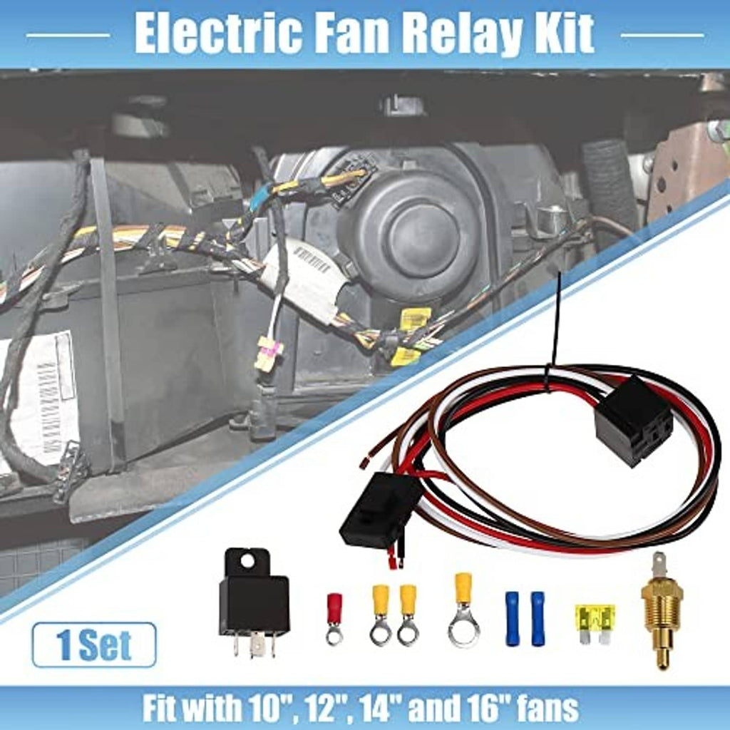 Electric fan relay wiring kit with black relay module and red/black wire harness in engine bay