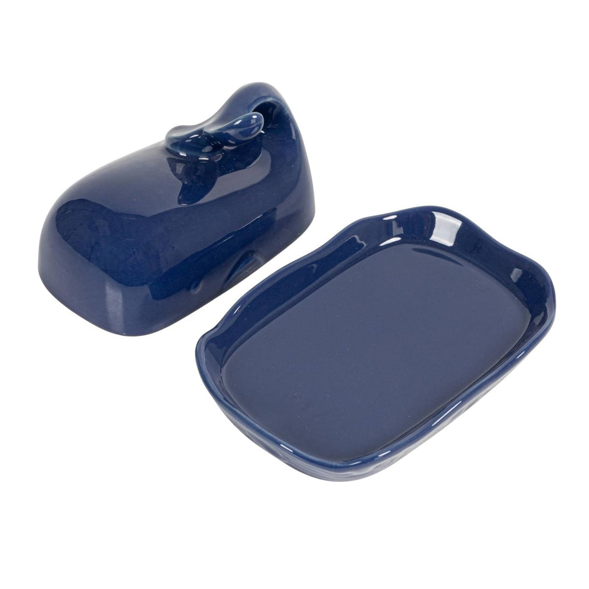 Dark blue whale-shaped butter dish set: glossy lid and tray