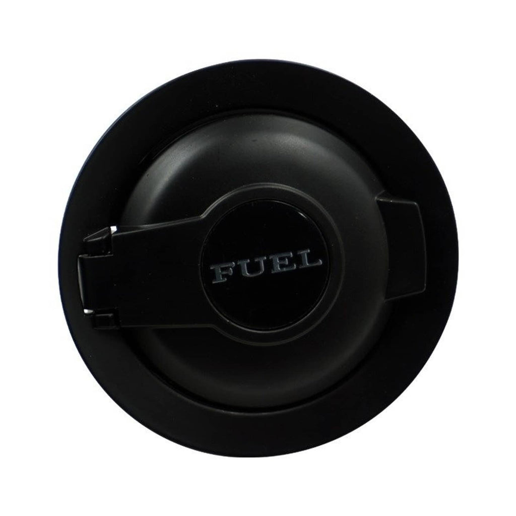 Front-facing matte black fuel tank cap cover with “FUEL” emblem and tabs