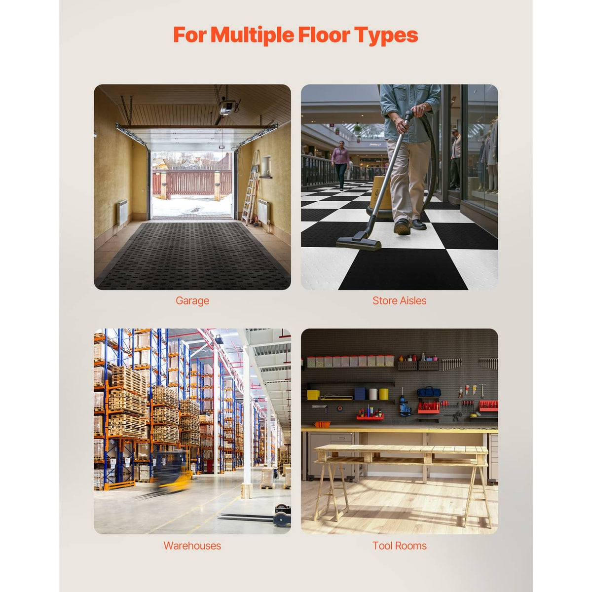 Black interlocking floor tiles shown for garage, store aisles, warehouses, and tool rooms