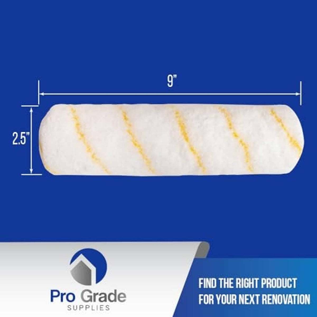 Microfiber paint roller cover, 9 in long, 1/2 in, white with yellow stripes