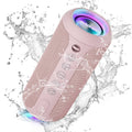 Pink portable Bluetooth speaker with glowing light ring and fabric mesh grille