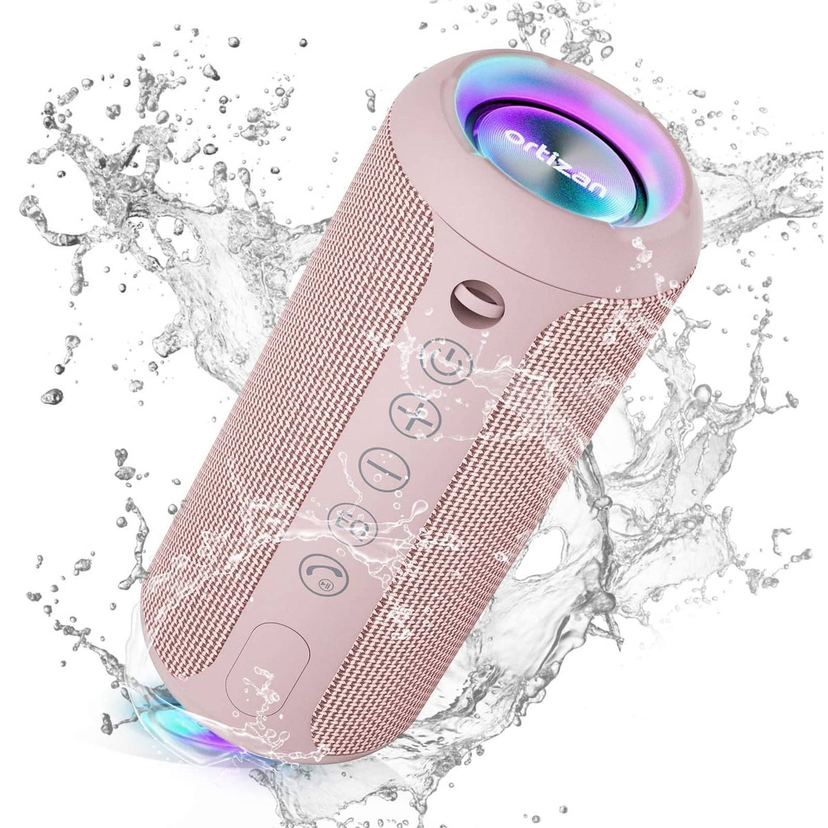 Pink portable Bluetooth speaker with glowing light ring and fabric mesh grille