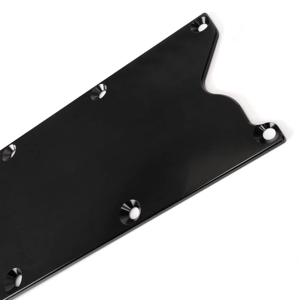 Billet aluminum valley pan cover plate with black finish and side mounting bracket holes