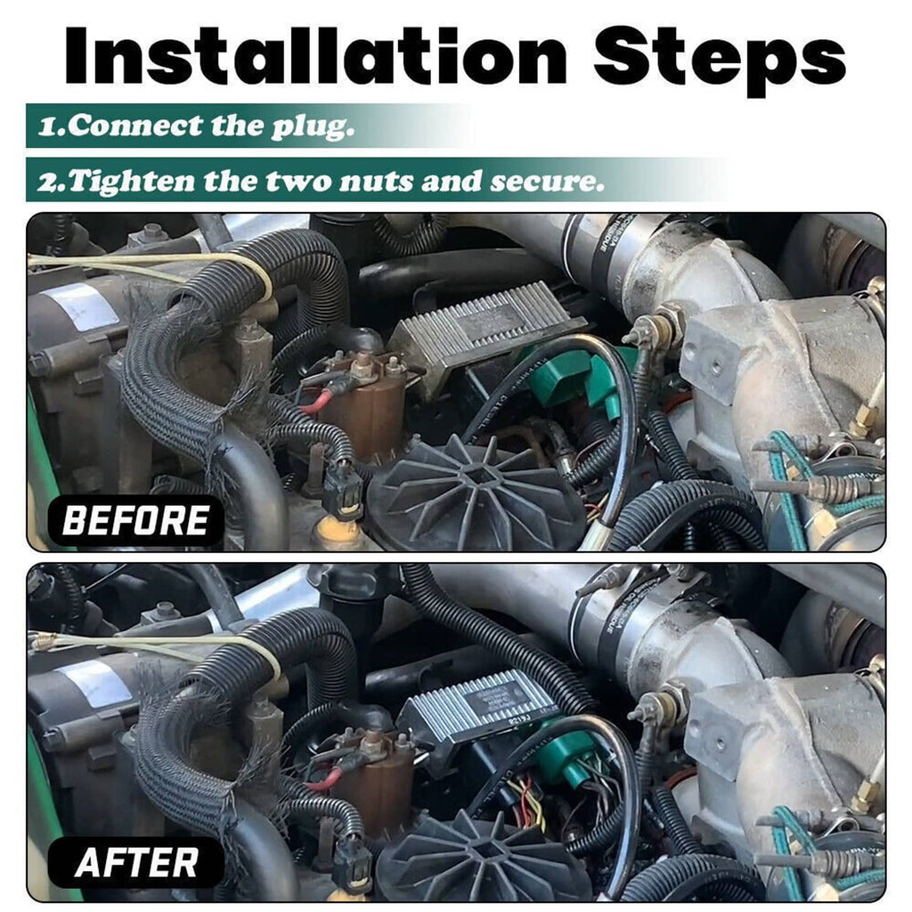 Glow plug control relay module installed on engine bay components with wiring