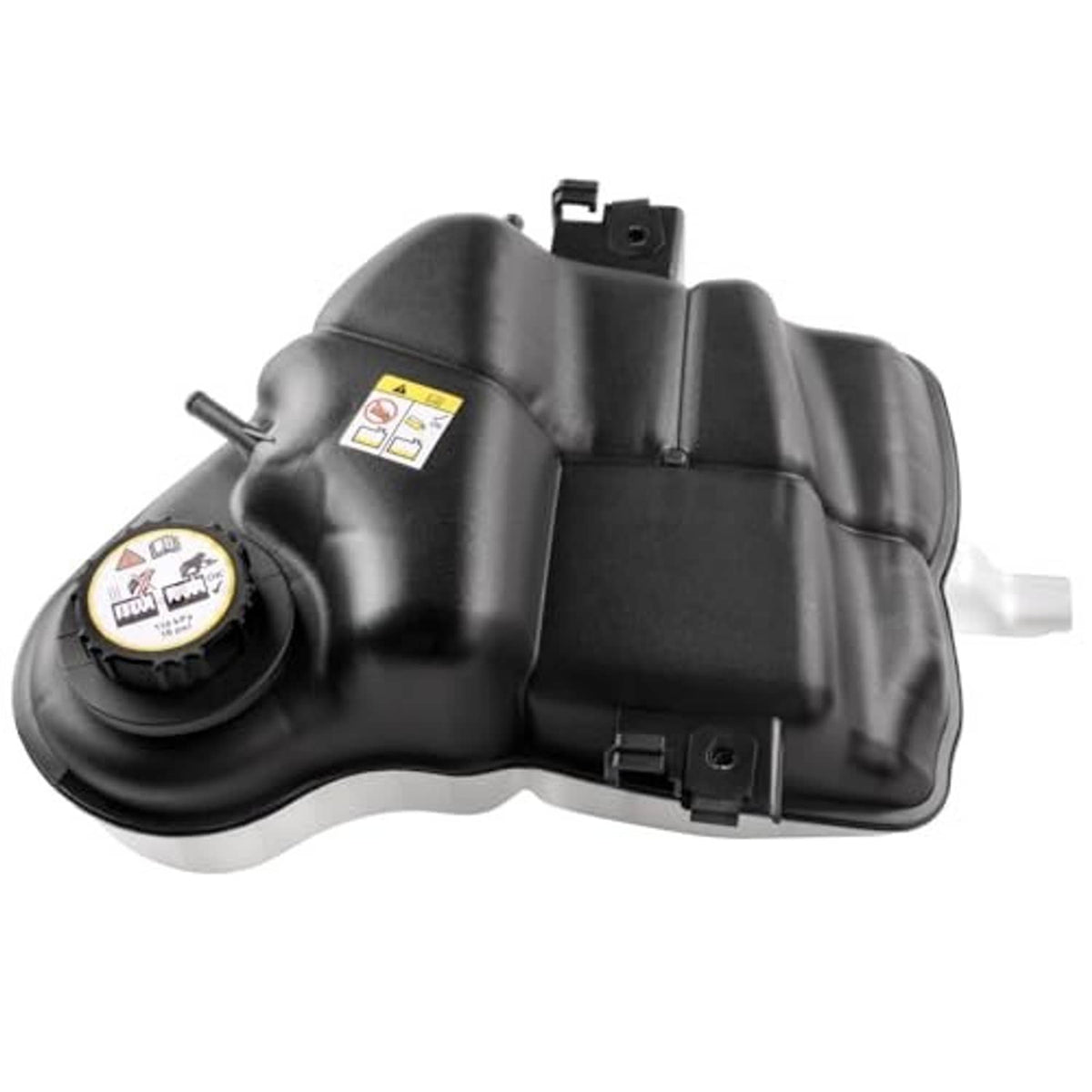 Coolant reservoir tank with cap, black plastic housing and side outlet