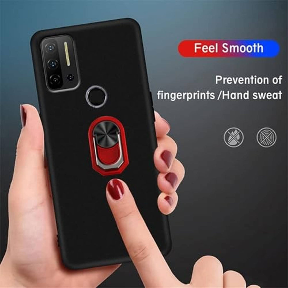 Black phone case with red ring kickstand, smooth grip and camera cutouts
