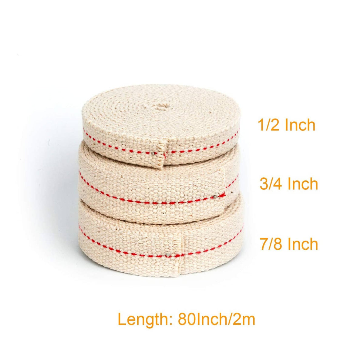 Stacked oil lamp wick rolls, beige cotton with red stitched stripes, round coils