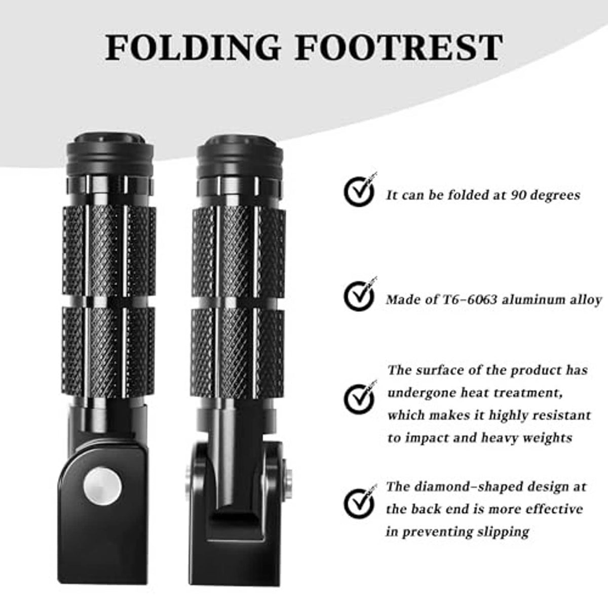 Black foldable footrest pegs showing back plate and knurled anti-slip grips
