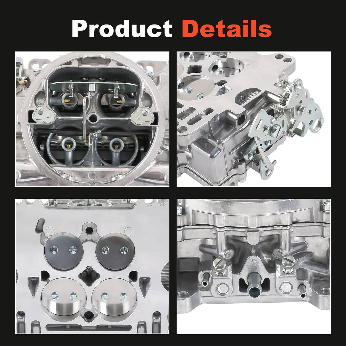 Carburetor top and side details showing dual bores, passages, and mounting points