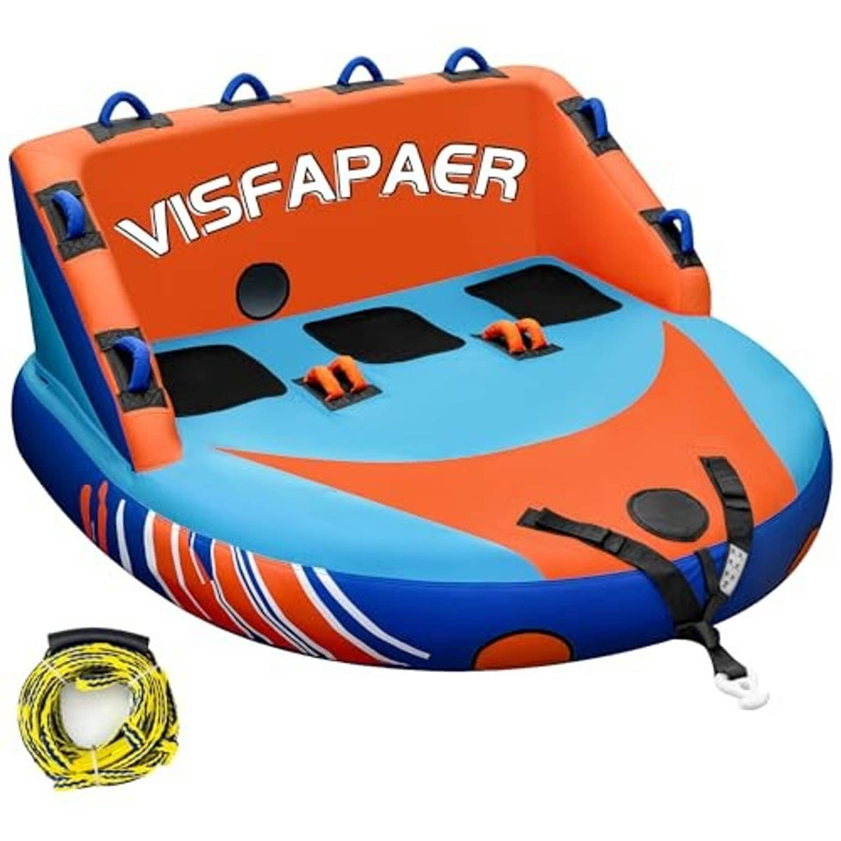 Inflatable towable boat tube with orange top, blue base, handles and towing rope