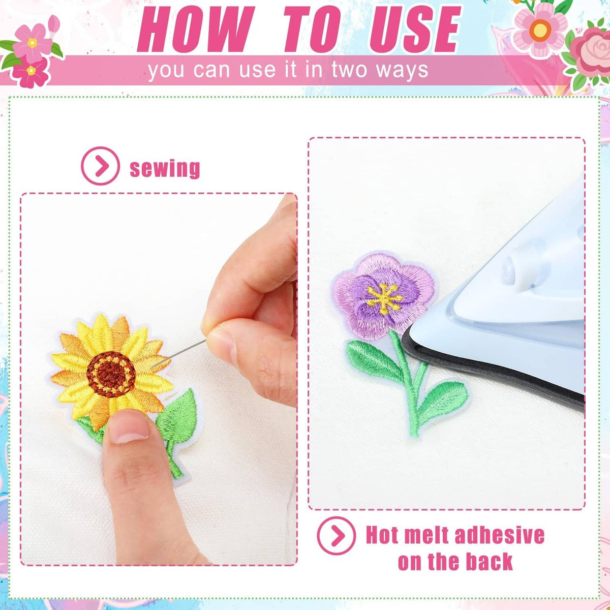 Single yellow and purple flower iron-on patch pressed with a hot iron