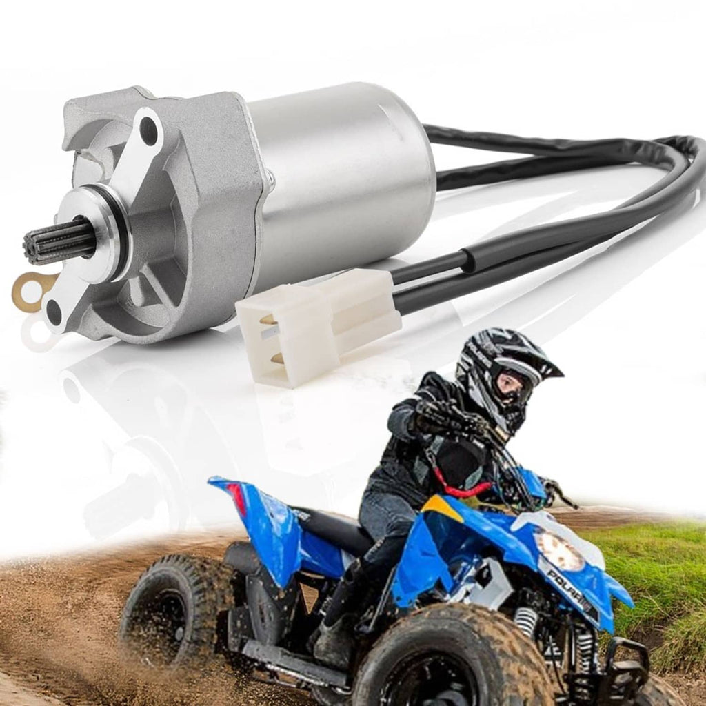 Starter motor assembly with black wires and white electrical connector plugs