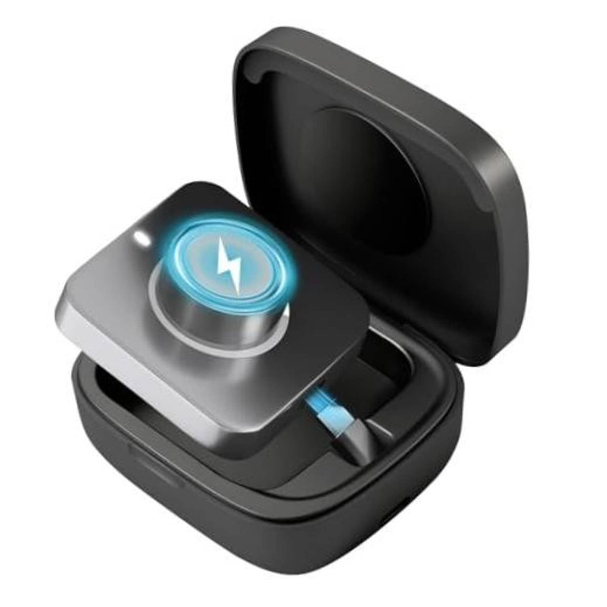 Black wireless charging case with lid open and illuminated charging ring