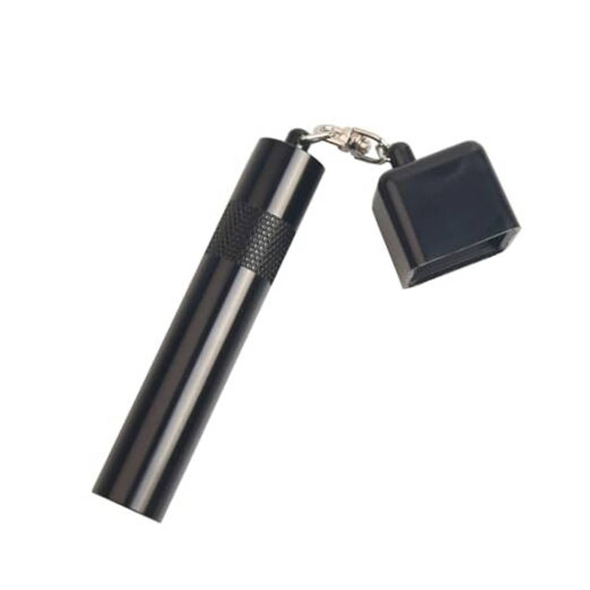 Black cue tip shaper tool with chain and cube holder for storage