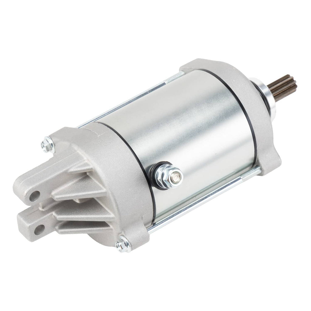 Starter motor with silver housing, black band, and exposed gear shaft