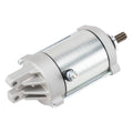 Starter motor with silver housing, black band, and exposed gear shaft