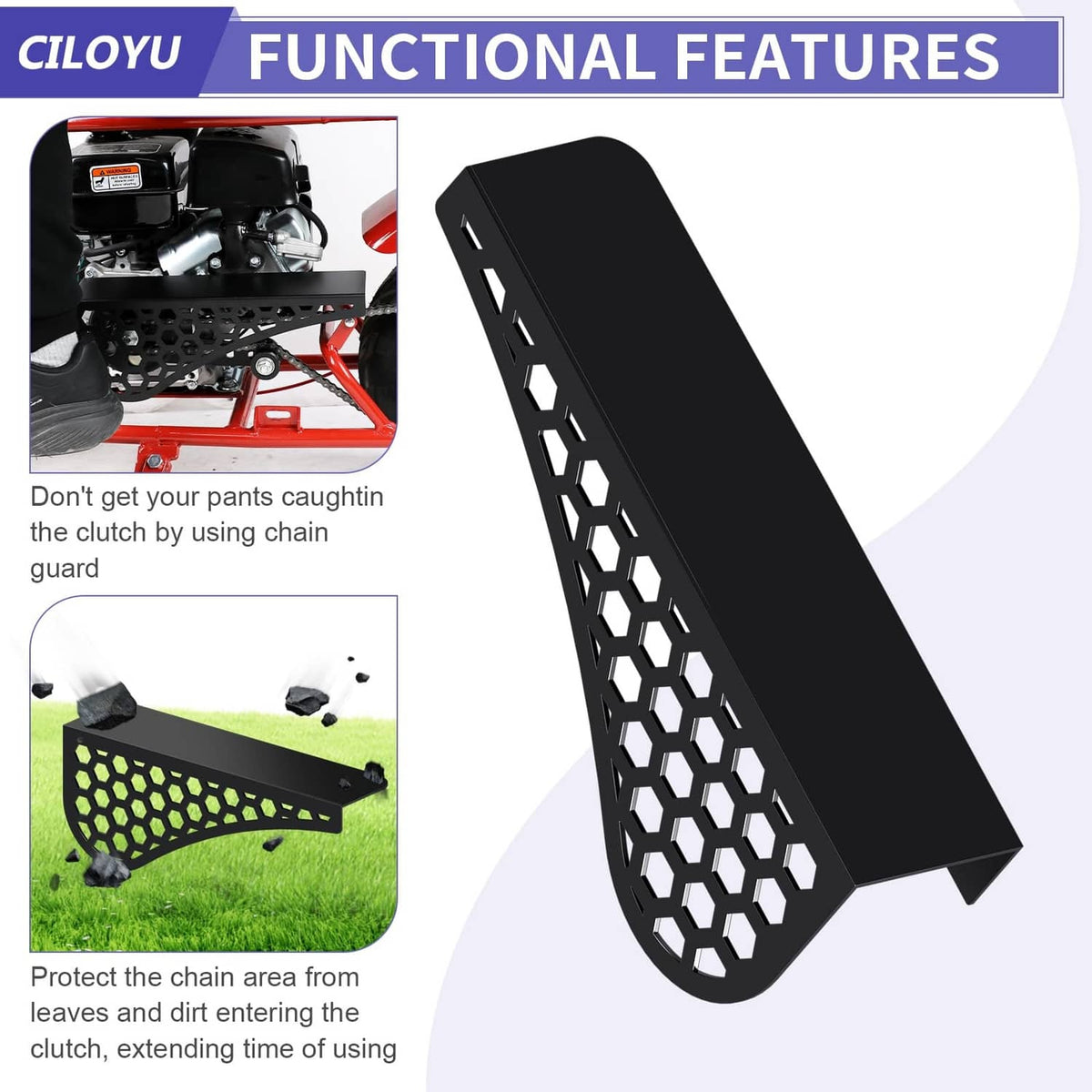 Black chain guard over clutch area with hex mesh shield to help prevent snagging