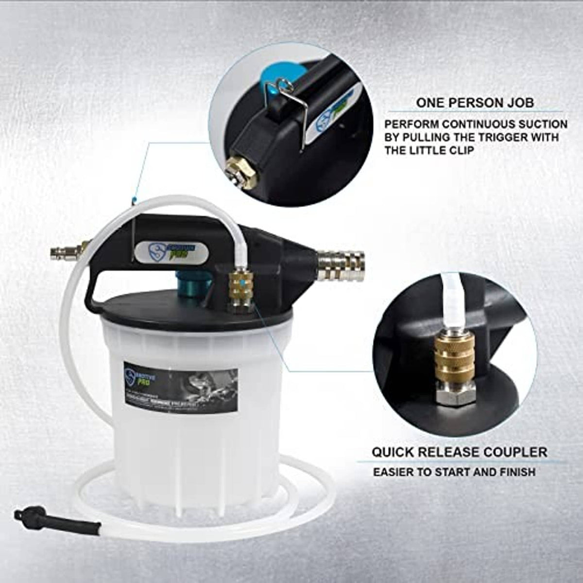 Pneumatic vacuum brake bleeder with quick-release coupler and brass valve on white tank