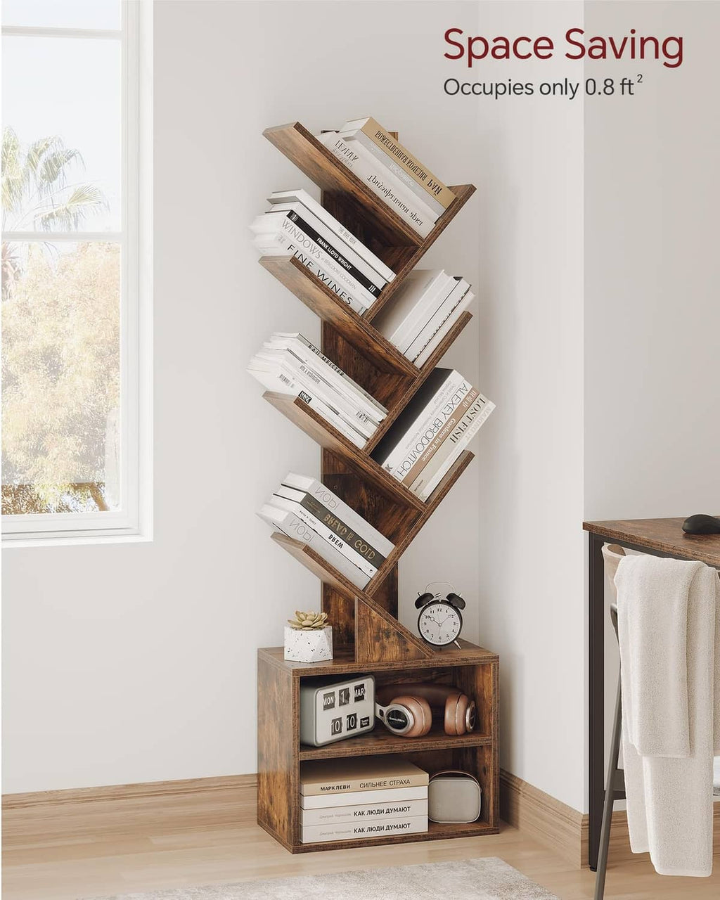 Tall brown 6-tier bookshelf with slanted shelves and lower cabinet with open storage