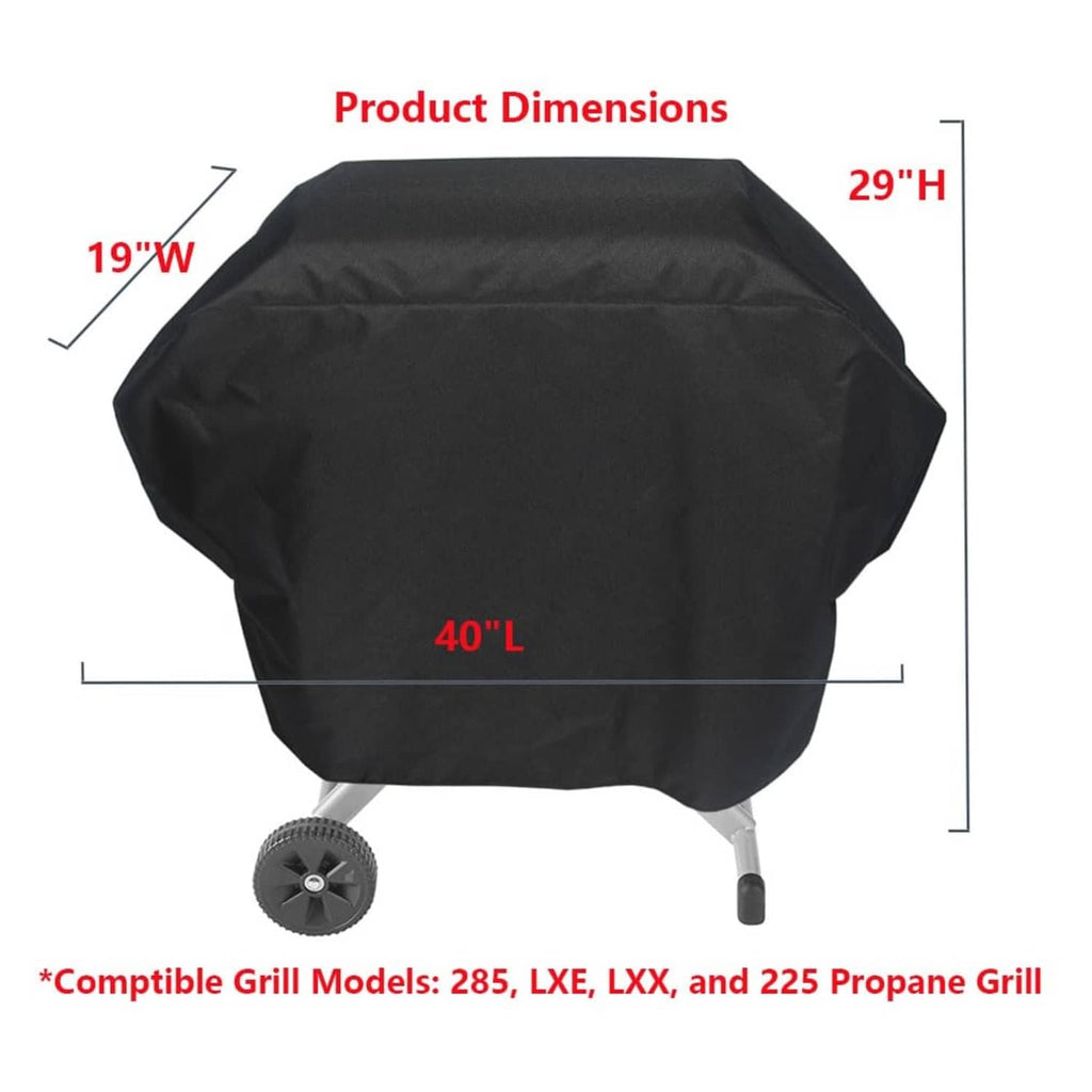 Black grill cover for outdoor use with snug, contoured shape and covered base