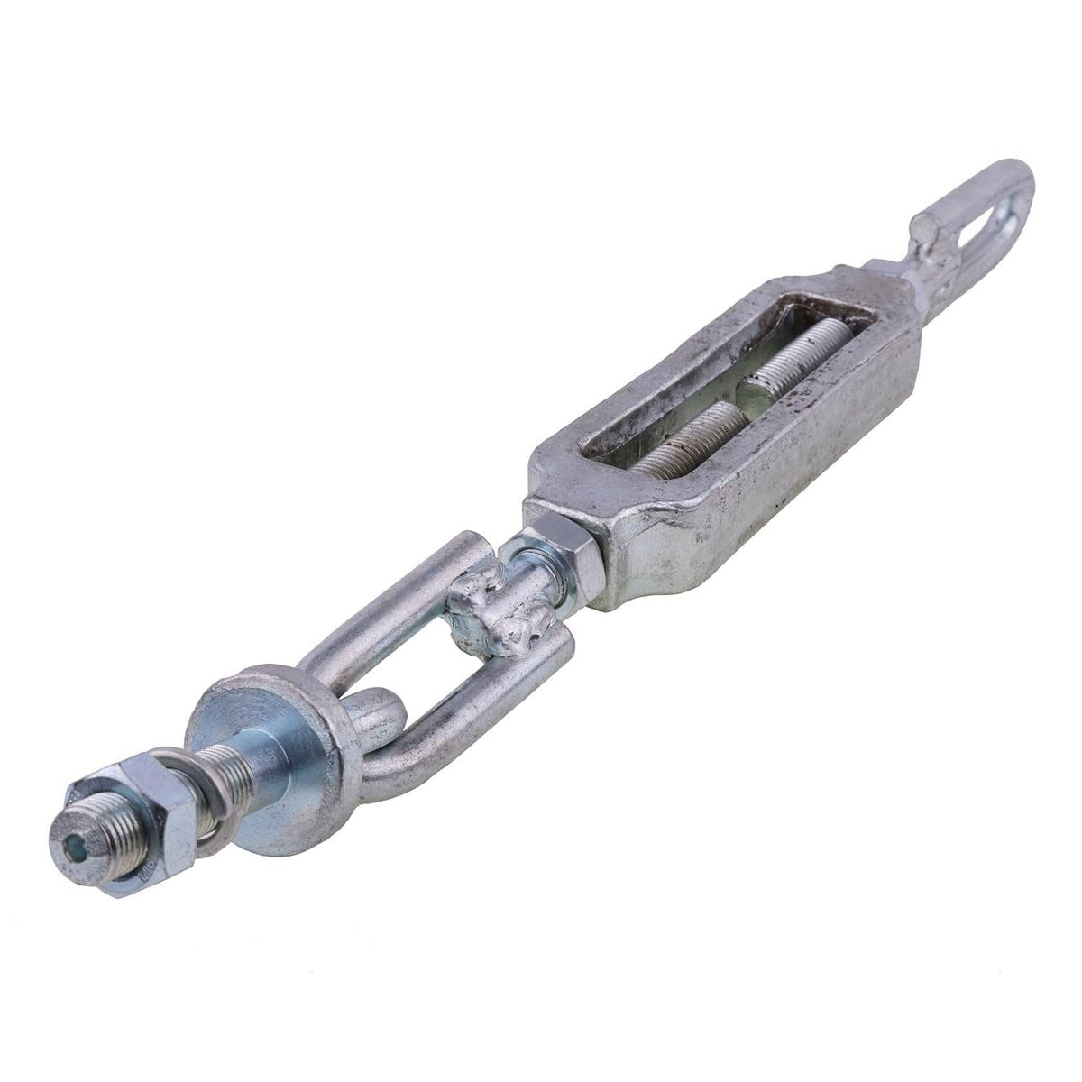 Adjustable turnbuckle stabilizer with long rod, ring end, and double-thread adjuster