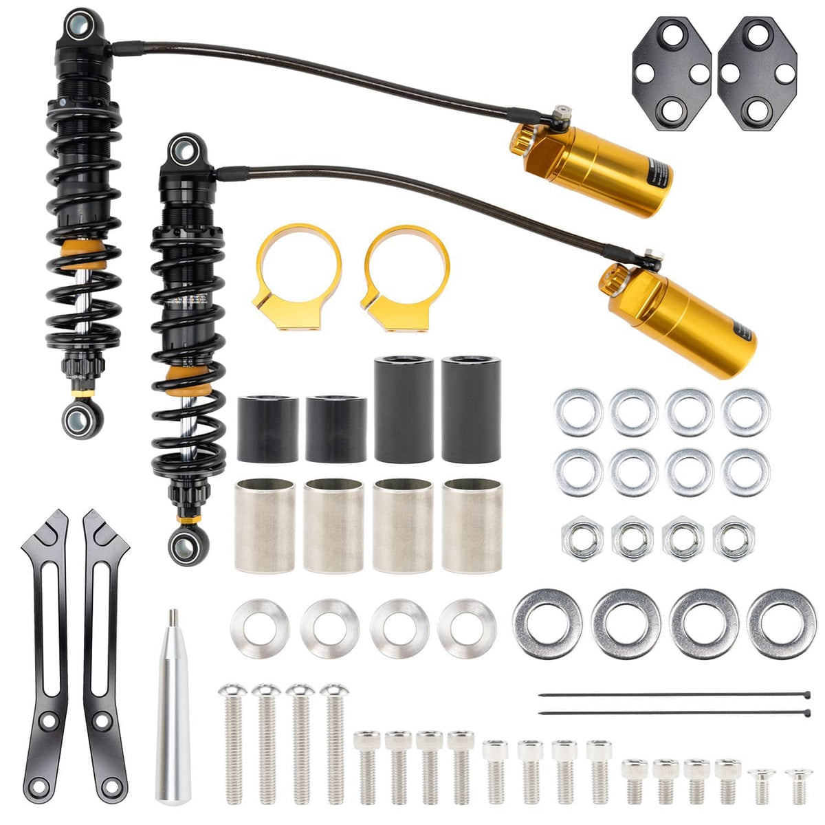 Rear shocks kit laid out with two shocks, gold reservoirs, brackets, and fasteners