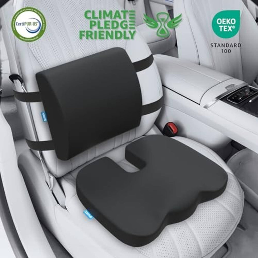 Black lumbar backrest and seat cushion set with textured fabric, used in car seat