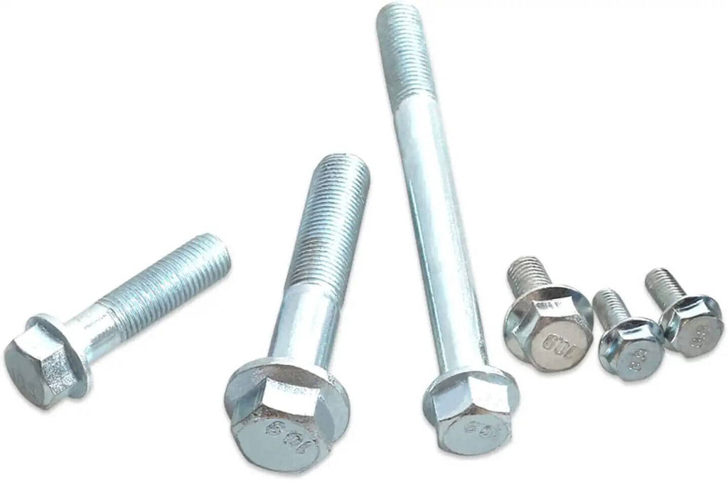 Close-up transmission bolts with zinc-plated finish and hex nuts, assorted lengths