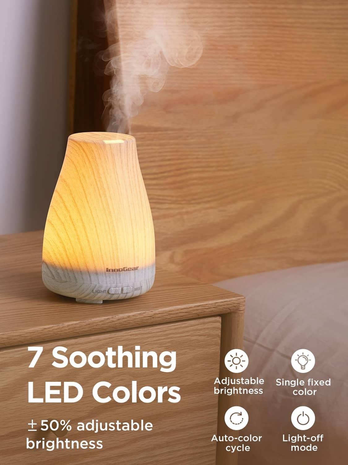 InnoGear essential oil diffuser with warm LED glow, white-gray base