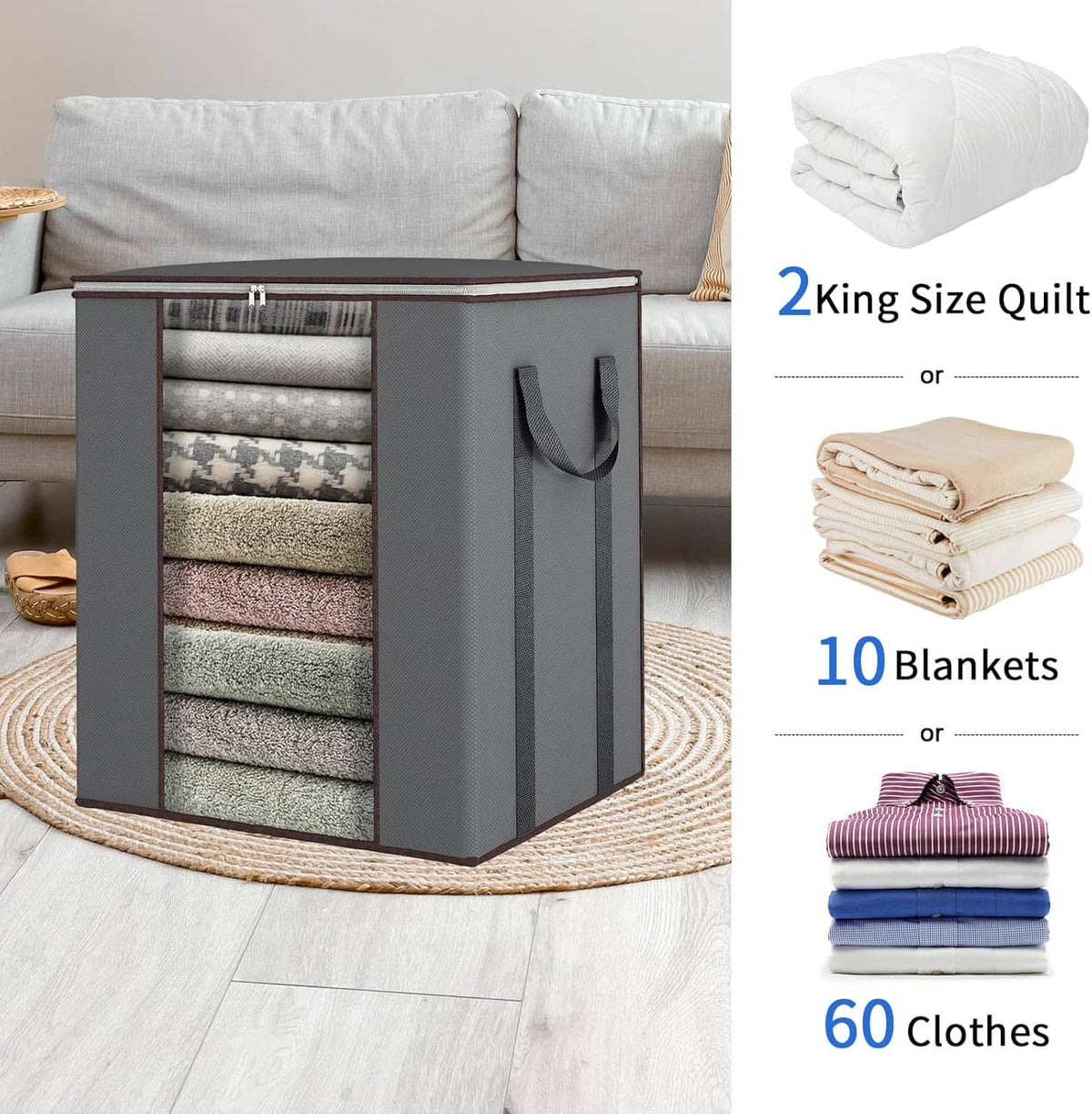 Gray blanket storage bag with brown trim and carry handles, front window shows folded fabrics